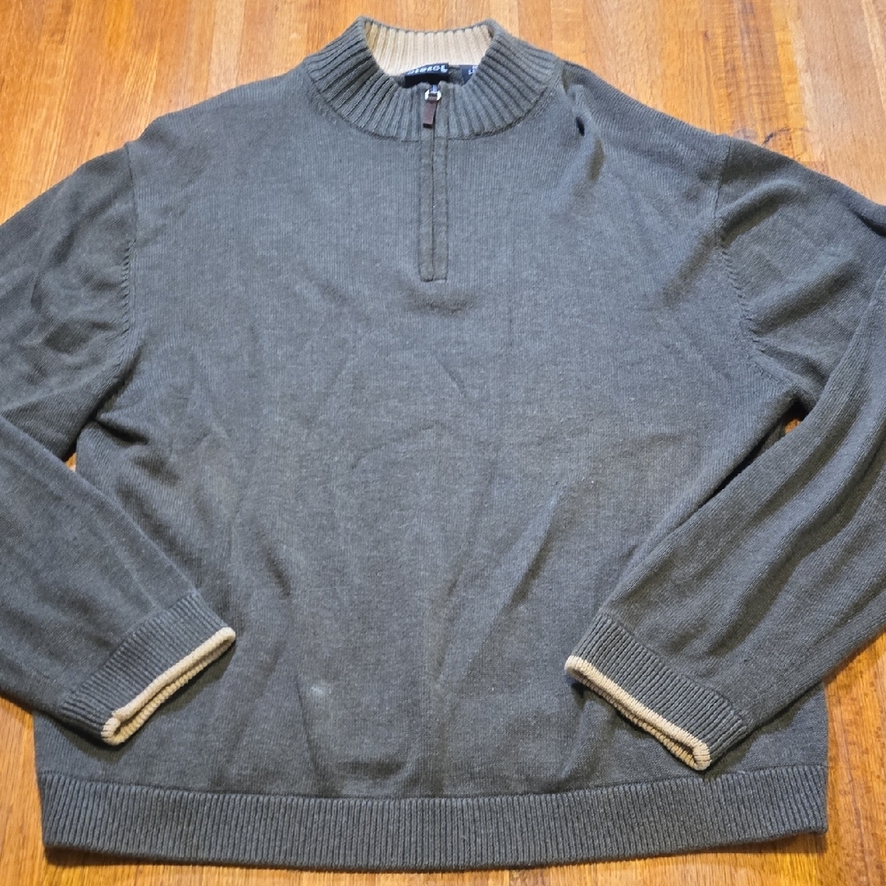 George Men Olive‎ Green Tan Trim Half Zip Pullover Knitted Long Sleeve Sweater
